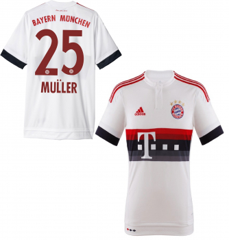 Adidas FC Bayern Munich jersey 25 Thomas Müller 2015/16 away white kids 164 cm, us youth L